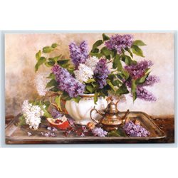 STILL LIFE Floral Lilac Copper Kettle Tea pomegranate ART Russian NEW Postcard 	
