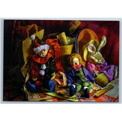 Bunny Rabbit and Clowns Still Life Toys Art Russia Modern Postcard