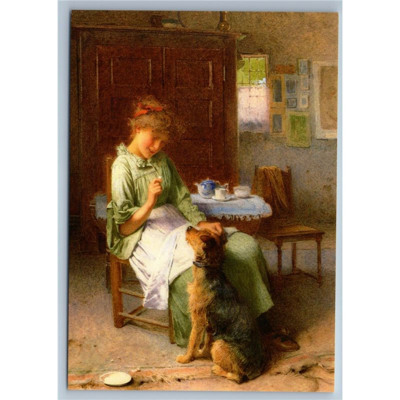Pretty Young Girl play with Dog Interior by Carlton Smith NEW MDRN Postcard