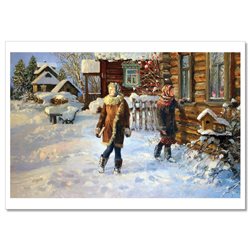 WOMANS Peasant Yard Winter Izba Russian Ethnic by Zhdanov Modern Postcard
