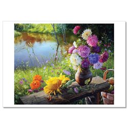 STILL LIFE flowers asters Peasant Russian Ethnic by Zhdanov Modern Postcard