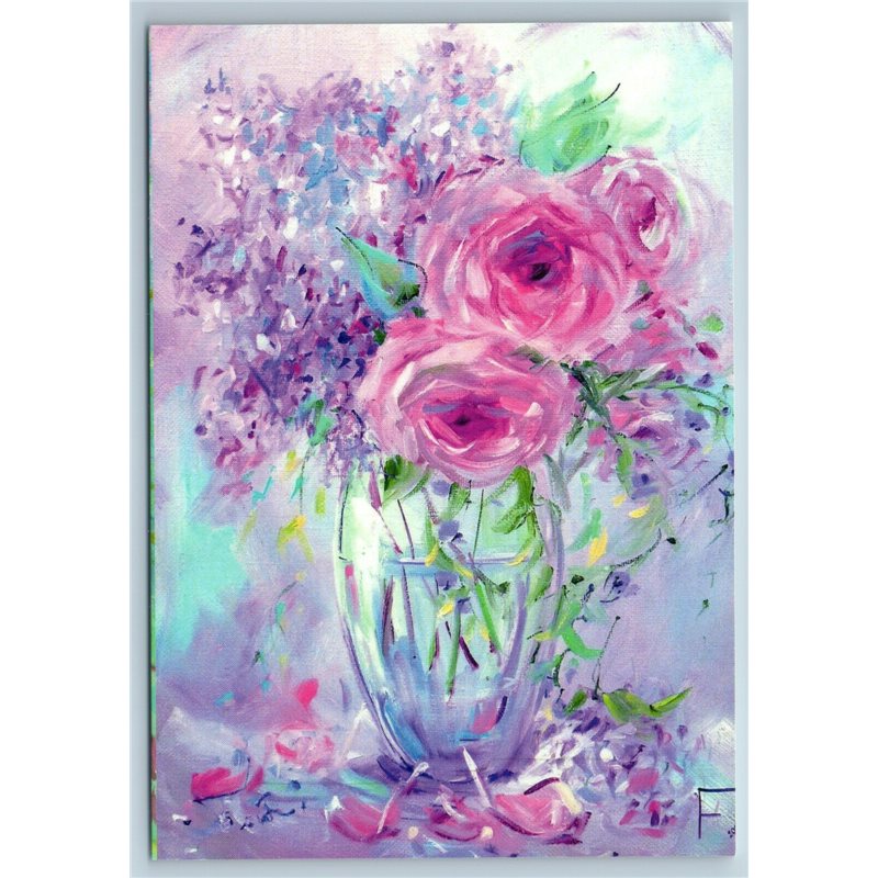 FLOWERS in Glass Vase Lilac pink Dreams Shabby Style New Unposted Postcard