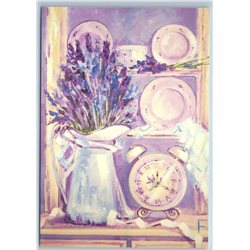 LAVENDER MOOD Flowers on Kitchen Clock Dish Provence Style New Unposted Postcard