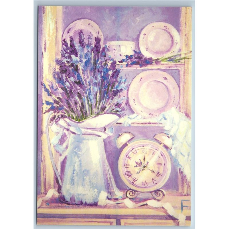 LAVENDER MOOD Flowers on Kitchen Clock Dish Provence Style New Unposted Postcard