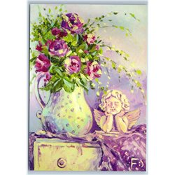 PEONIES on dresser Angel Sculpture Romance of Provence New Unposted Postcard