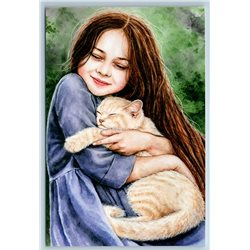PRETTY LITTLE GIRL hug CAT Long Hair Friends Love New Unposted Postcard