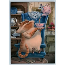 FAT CAT with MOUSE drinking TEA Kettle Porcelain Kitchen New Unposted Postcard