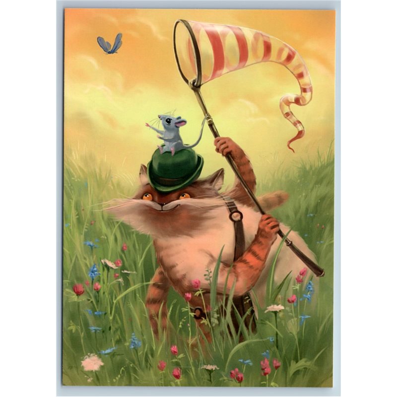 FAT CAT with MOUSE try to Catch Butterfly on Field Funny New Unposted Postcard