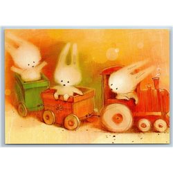 CUTE BUNNY RABBIT in wood train Hare Toy Illustration New Unposted Postcard