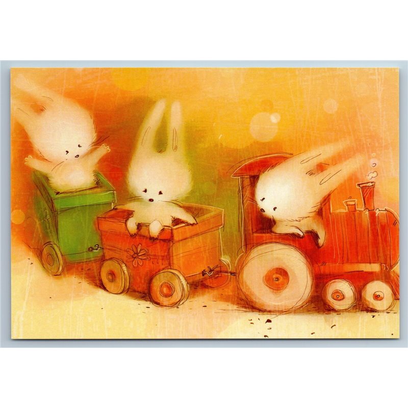 CUTE BUNNY RABBIT in wood train Hare Toy Illustration New Unposted Postcard