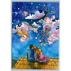WOMAN MAN Roof Constellation of WHALE FISH Fantasy Sky New Unposted Postcard
