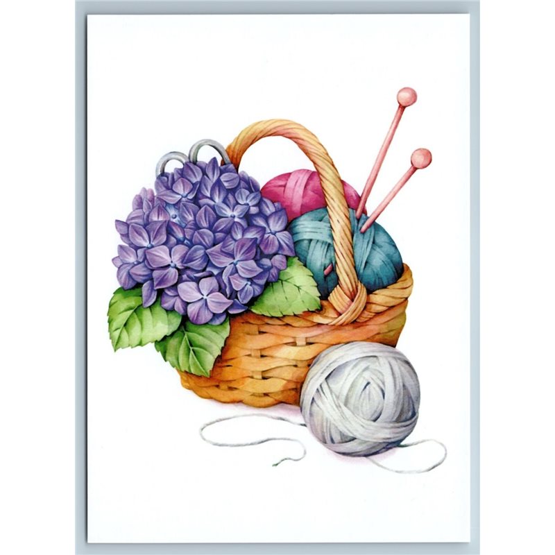BASKET of KNITTING Thread Flowers Needlework Craft New Unposted Postcard