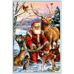SANTA CLAUS and Forest Animal Red Fox Squirrel Wolf Menagerie New Postcard