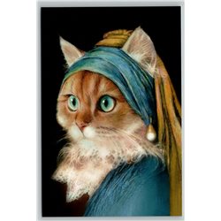 CUTE CAT with a Pearl Earring Blue Dress ART Lady Cat New Unposted Postcard
