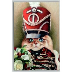 HUSSAR CAT in Military Uniform Cavalier ART Bouquet Cute New Unposted Postcard