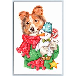 CUTE DOG hug SNOWMAN Scarf Christmas Eve Lollipop New Unposted Postcard