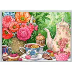 TEA TIME Porcelain Kettle Cakes FLOWERS Tea CUP Lemon Garden New Postcard