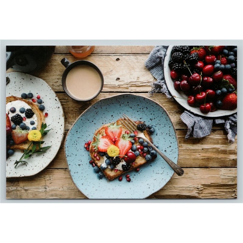 Breakfast with berries Strawberry Cherry COFFEE milk Photo NEW Modern Postcard