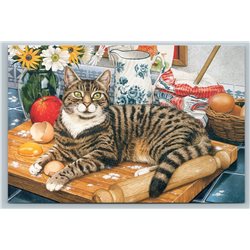 CUTE TABBY CAT in Kitchen milk Jug Cooking Russian by Tristram NEW Postcard