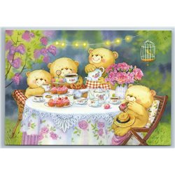 CUTE TEDDY BEARS have Tea Time in Garden Feast Cartoon Russian Unposted Postcard
