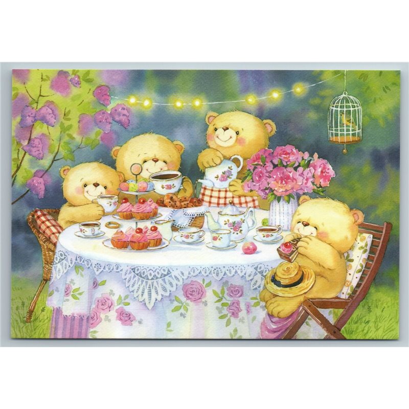 CUTE TEDDY BEARS have Tea Time in Garden Feast Cartoon Russian Unposted Postcard 
