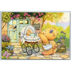 TEDDY BEARS with NEWBORN in Carriage First walking Funny Russian New Postcard