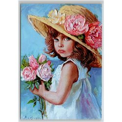 PRETTY LITTLE GIRL in Hat with ROSES LOVELY by Simonova Russian New Postcard