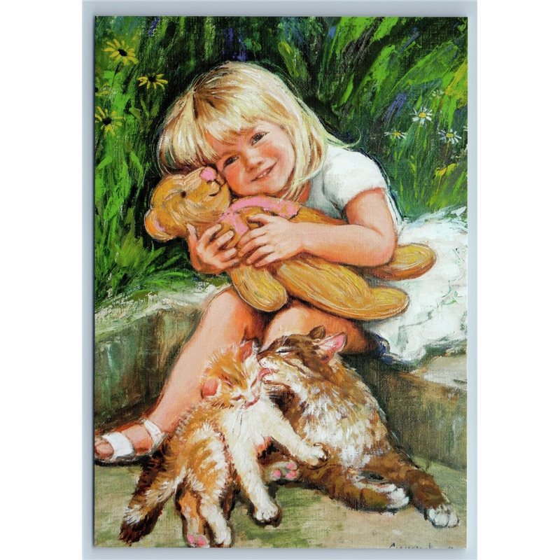 LITTLE GIRL hug TEDDY BEAR Toy and CATS Yard by Simonova Russian New Postcard