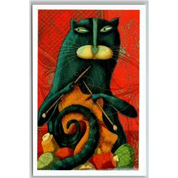 FUNNY BLACK CAT knits a scarf Craft knitting Unusual ART Russian New Postcard