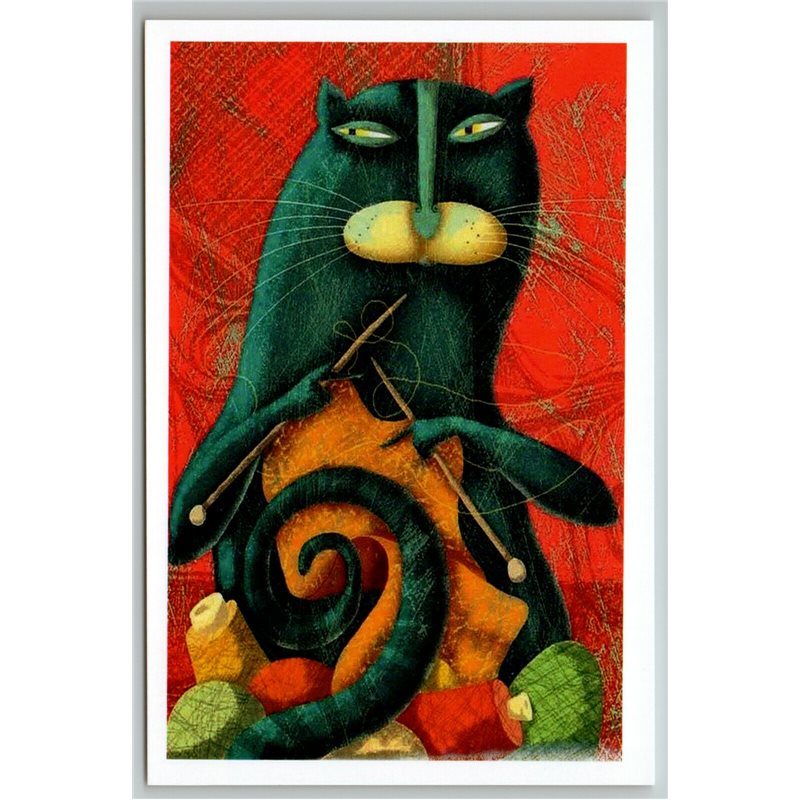 FUNNY BLACK CAT knits a scarf Craft knitting Unusual ART Russian New Postcard