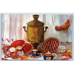 Russian Country Life Samovar Bagels Pie Tea Cup Unposted Modern Postcard