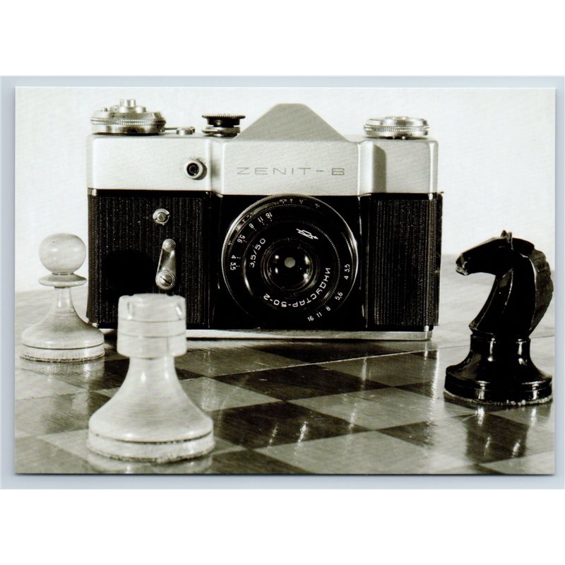 CHESS PIECES and an OLD SOVIET CAMERA Zenit Real Photo New Unposted Postcard