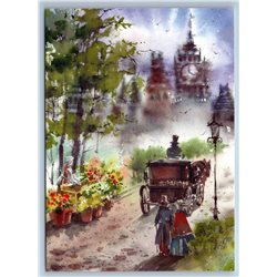MORNING in Old Town Lady Horse Carriage Clock Tower New Unposted Postcard