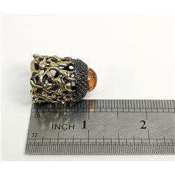 Thimble OPENWORK ART w/ Amber Two Tone Solid Brass Metal Russian Collectible