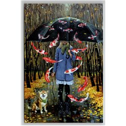 GIRL with Corgi Dog on an autumn walk in Forest Fantasy Unusual Art New Postcard