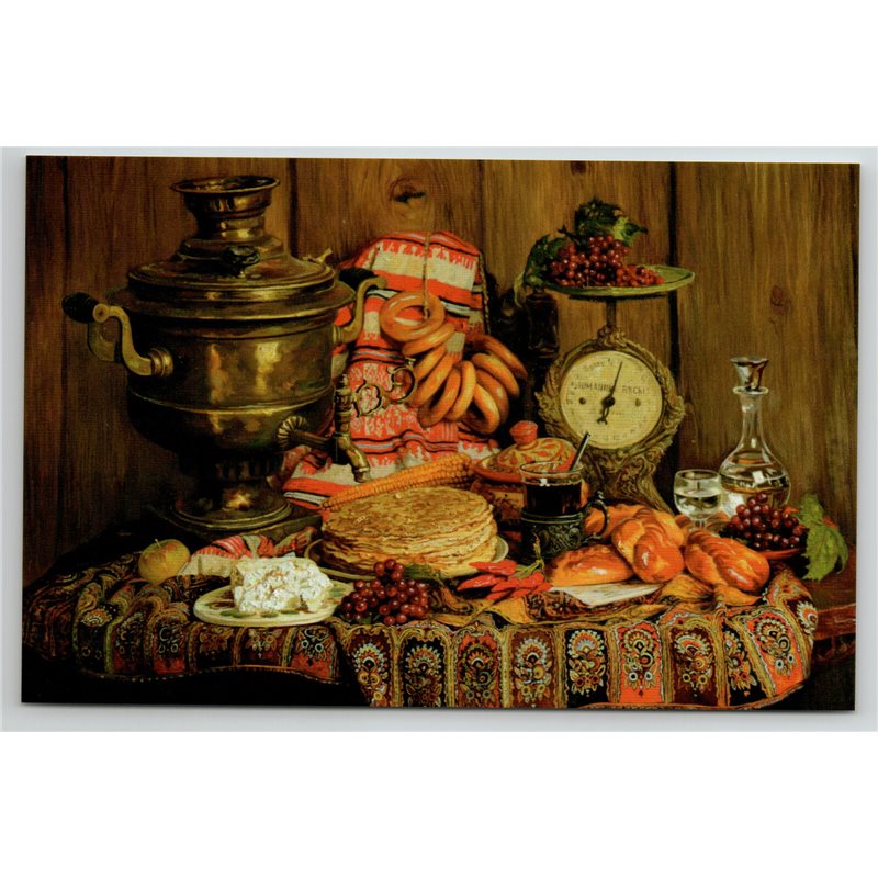 PANCAKES n SAMOVAR Russian Still Life Scales Berries Vodka New Unposted Postcard