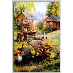 PEASANT YARD in Village Dog Cockerel Well Goose Summer New Unposted Postcard
