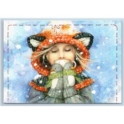 Pretty Little Girl in Funny Hat Fox WINTER TEA Cup New Unposted Postcard
