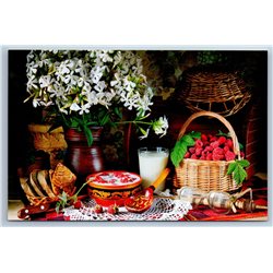 RUSSIAN RUSTIC STILL LIFE with raspberries and milk Real Photo New Postcard