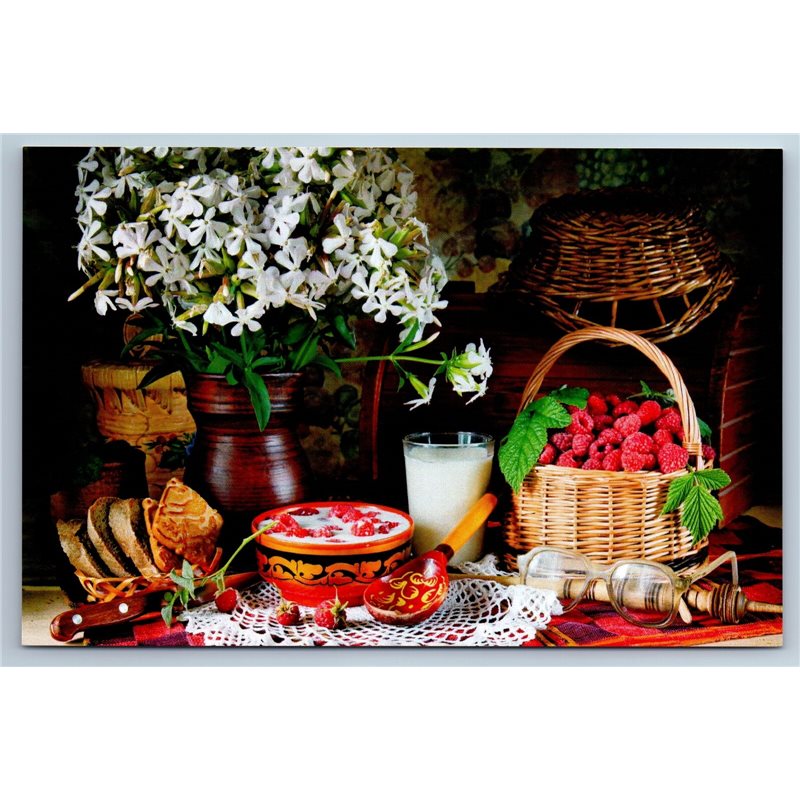 RUSSIAN RUSTIC STILL LIFE with raspberries and milk Real Photo New Postcard