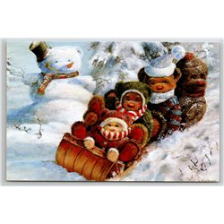 FUNNY TEDDY BEARS sledding Snow Winter Snowman by Bindon New Unposted Postcard