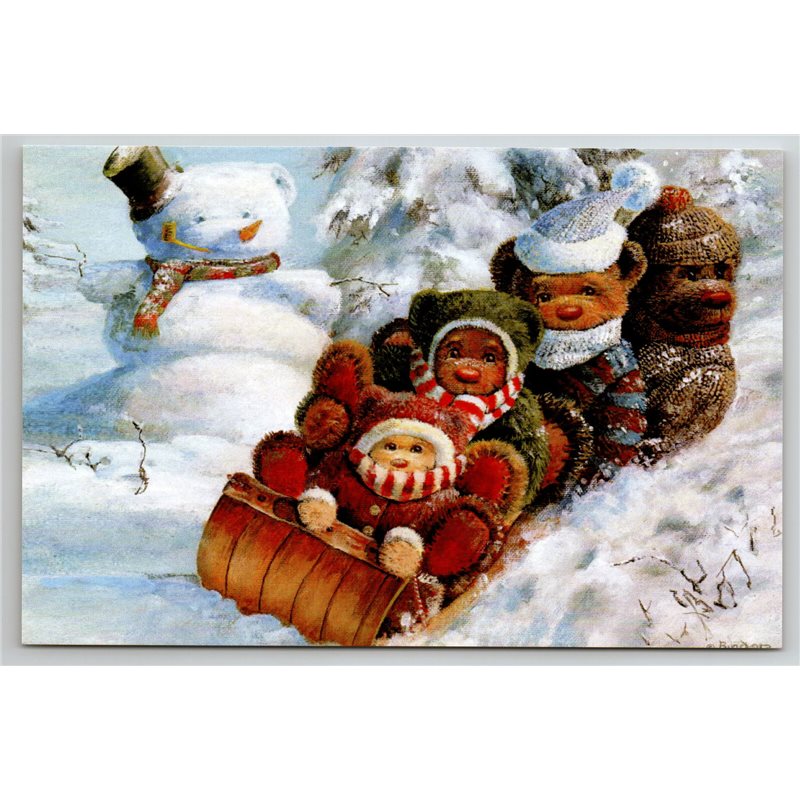 FUNNY TEDDY BEARS sledding Snow Winter Snowman by Bindon New Unposted Postcard