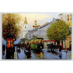TRAM on Old Town Street Horse carriage Church City by Chizhevsky New Postcard