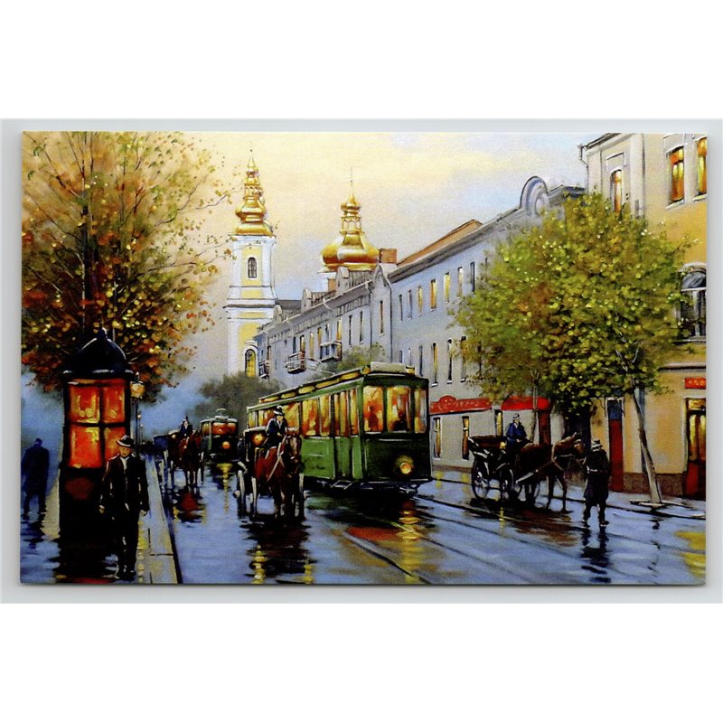 TRAM on Old Town Street Horse carriage Church City by Chizhevsky New Postcard