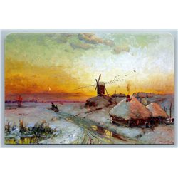 WIND MILL and Horse Carriage Snow Winter Russian Peasant by Klever New Postcard