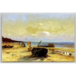 SEA COAST Walk on BEACH Lady with Dog Boat by Klever New Unposted Postcard