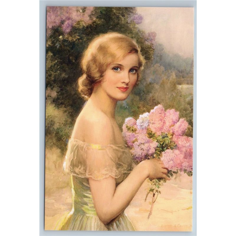 PRETTY GIRL with Lilac Flowers Dress by Albert Collings Russian New Postcard 