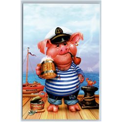 BRUTAL PIG Piglet with Beer mug SAILOR Funny Comic Sea Wolf Russian New Postcard