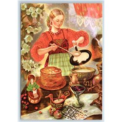 PANCAKES RUSSIAN GIRL Woman bakes COOK Folk Ethnic Doll New Unposted Postcard
