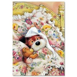 Lisi MARTIN~ BEAR & his TEDDY in bed Sleep Bonnet Ethnic ART KIDS postcard
